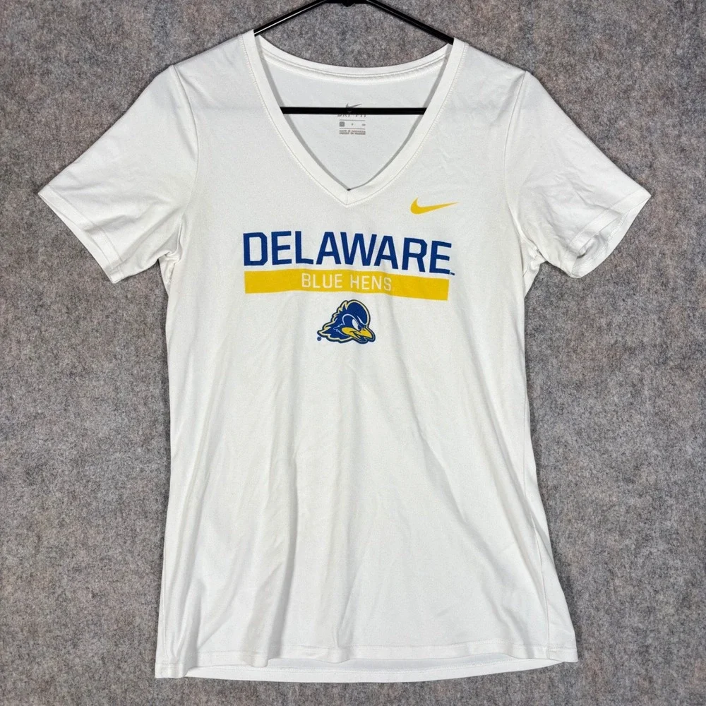 Nike T-Shirt Womens Small White Delaware Blue Hens Dri-FIT V-Neck Athletic Tee